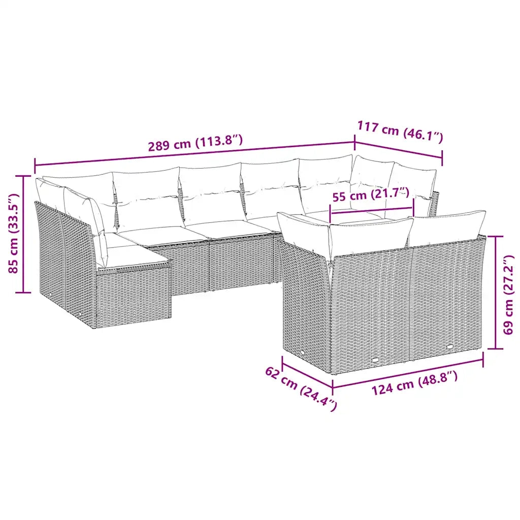 Set Divano da Giardino 9pz con Cuscini Grigio Chiaro Polyrattan
