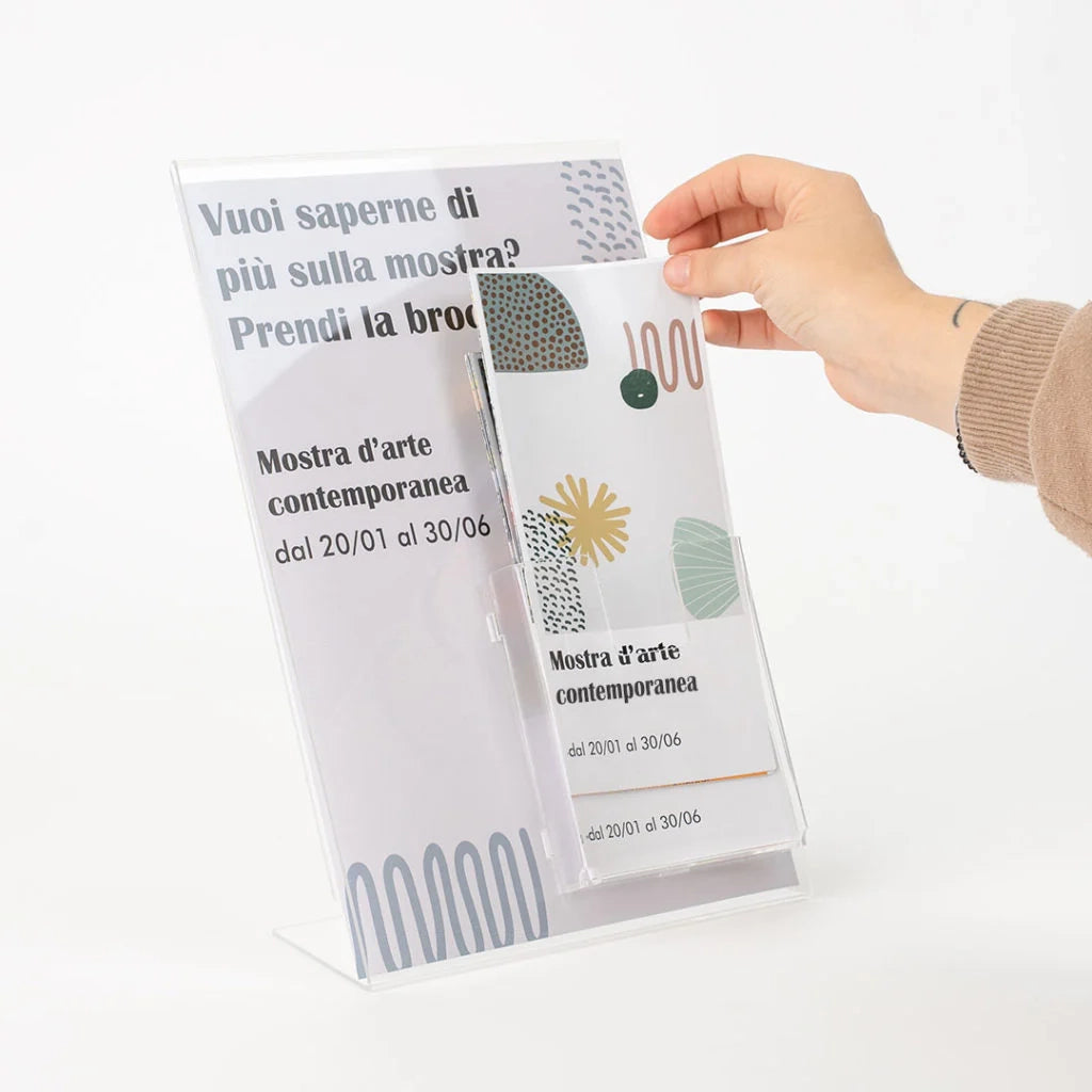 Porta avvisi in plexiglass monofacciale A4 con tasca 1/3 di A4