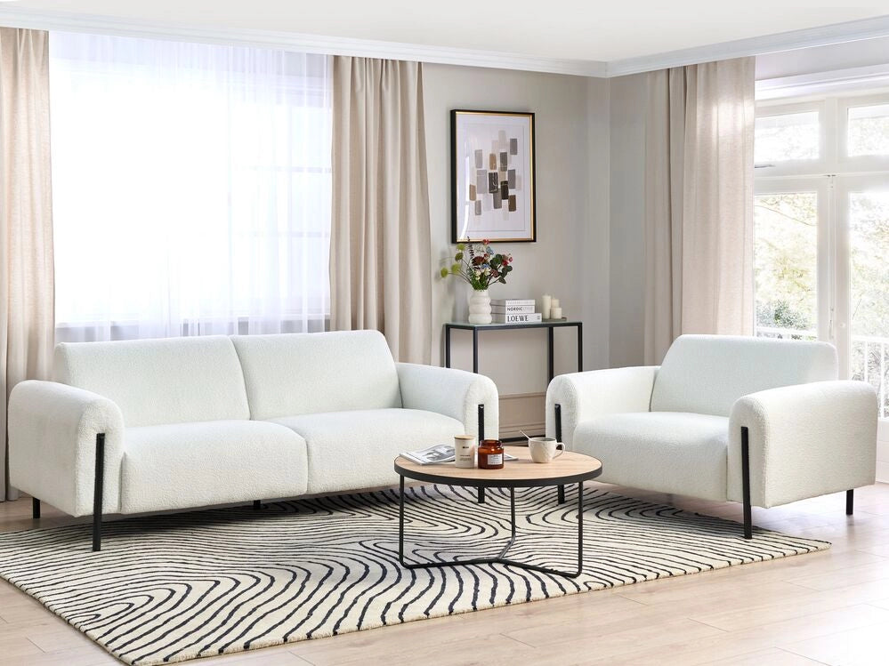 Set soggiorno divano 3 posti e poltrona imbottita in tessuto bouclè bianco con schienale regolabile stile elegante moderno