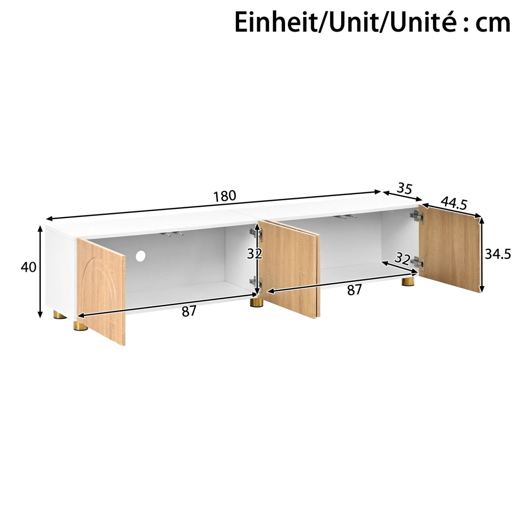 Mobile TV, mobile da ingresso, ante con rilievi curvi, gambe di sostegno in metallo, colore legno naturale