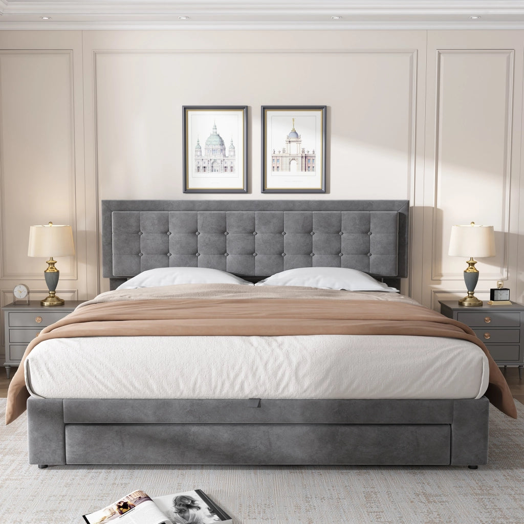Letto contenitore idraulico con cassetti e testiera regolabile LEMONMAX; 160x200 cm; sommier a doghe; velluto; grigio
