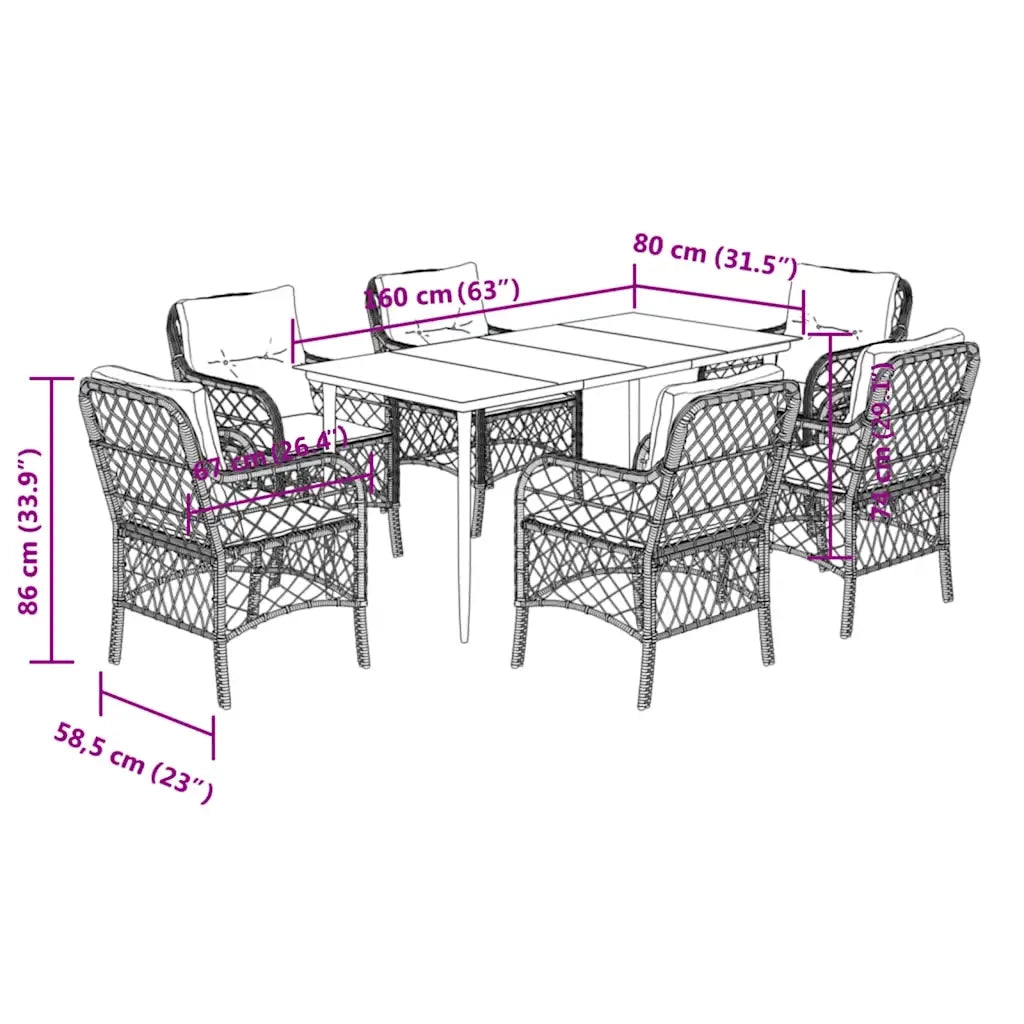 Set da Pranzo da Giardino 7 pz Nero con Cuscini in Polyrattan