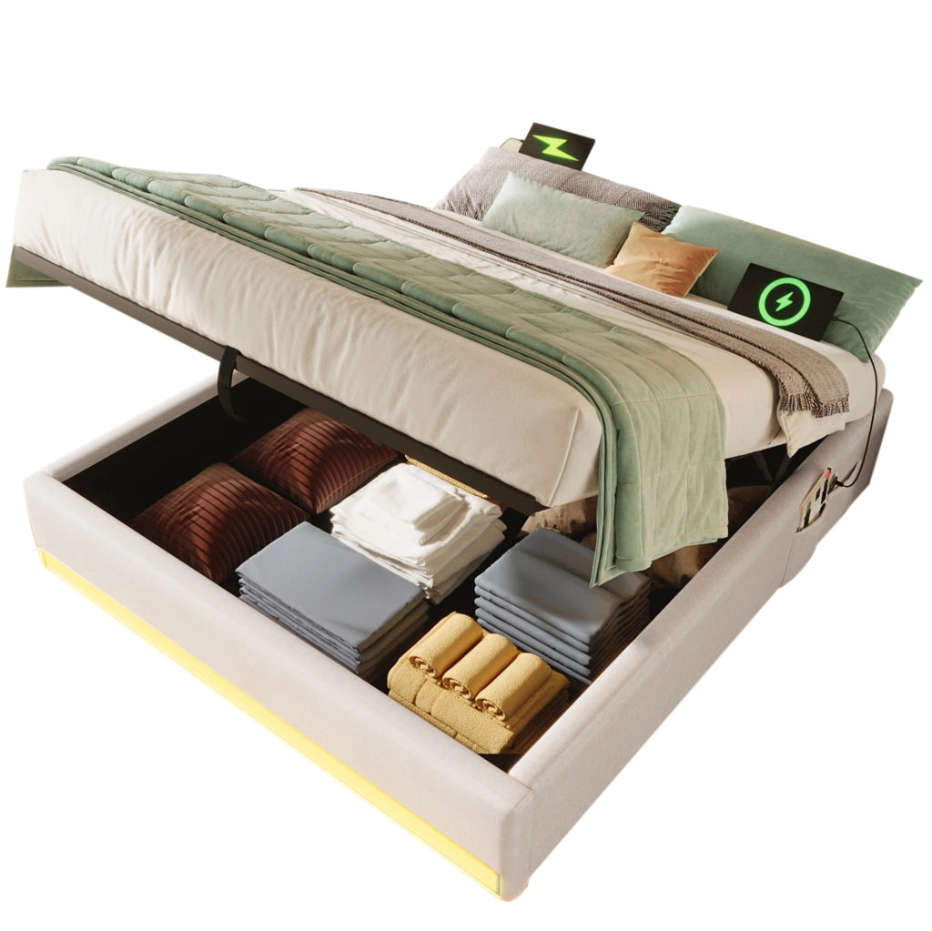 Letto imbottito 140x200 cm con LED, USB e porta Type-C, contenitore idraulico e tasche laterali
