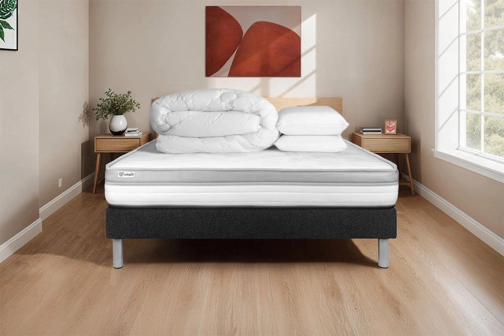 Pacchetto letto completo - Materasso 160x200cm + Box spring con doghe (kit) + 2 cuscini + Piumino - Vital Relax