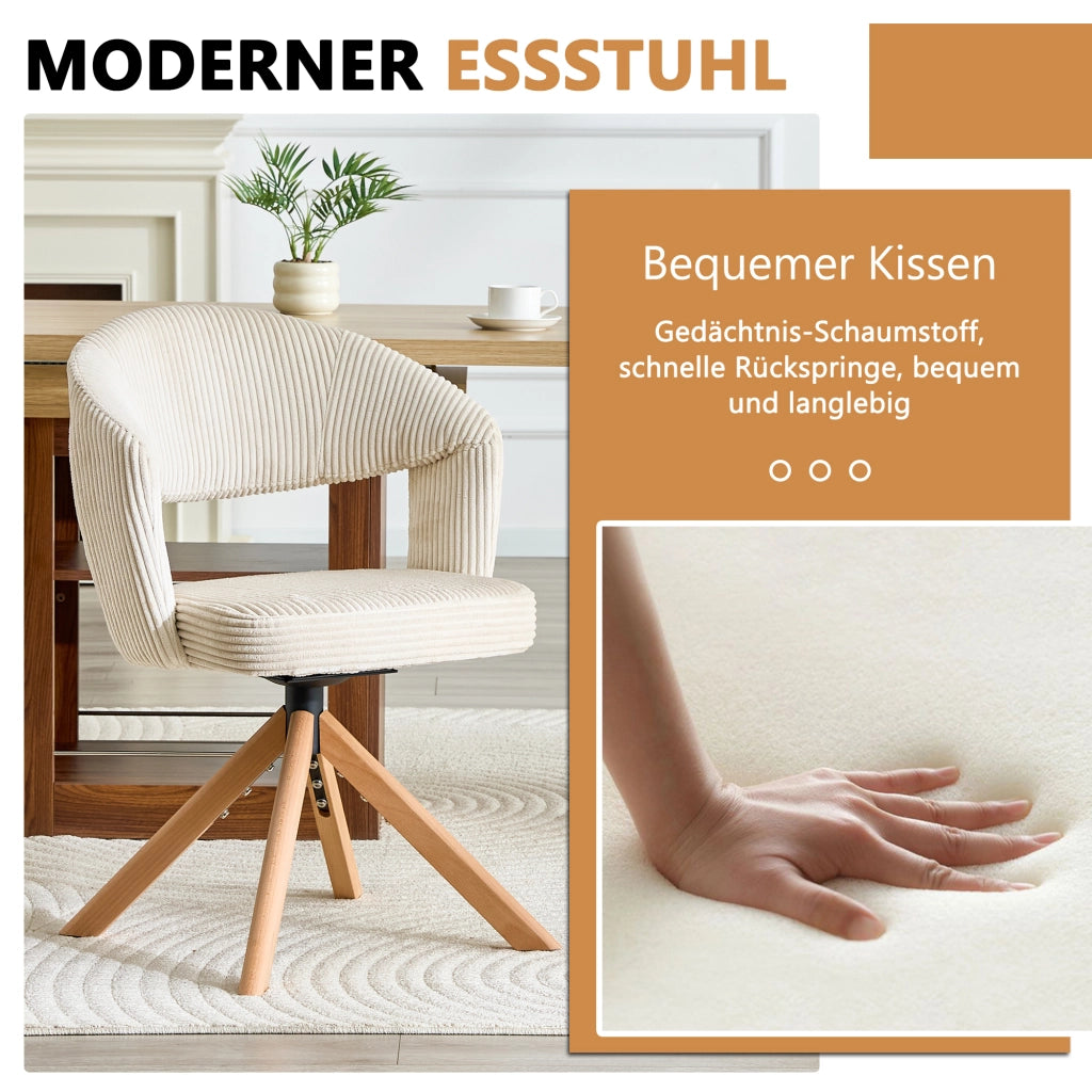 Set 2 Sedie Girevoli Retro ¨C MINIMAL ¨C Velluto a Coste Crema, Gambe in Legno Massello, Schienale Curvo