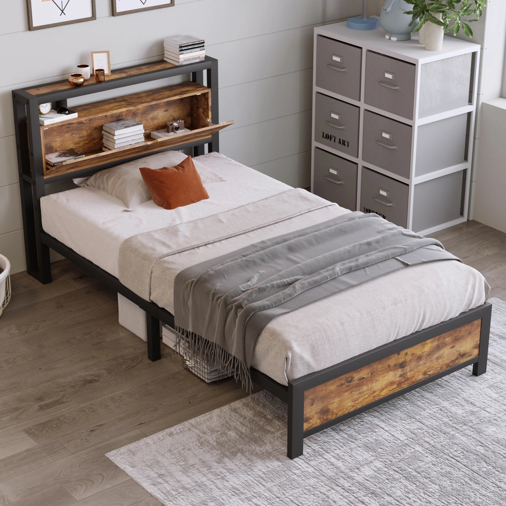 Letto singolo in metallo con testiera contenitore; doghe in metallo; nero; 90x200 cm; senza materasso