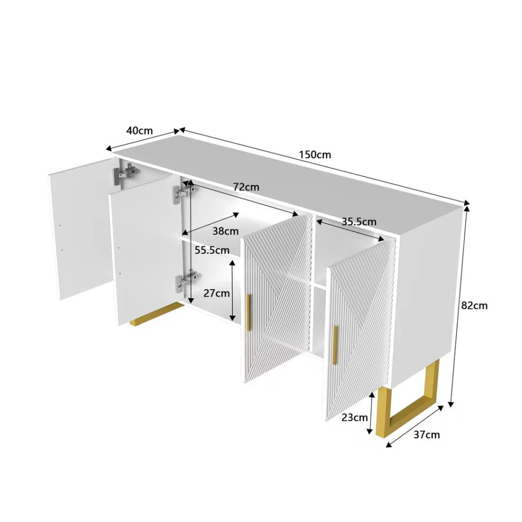 OKWISH Madia con 4 Ante e Ripiani Regolabili, Frontali Lucidi con Texture, per Soggiorno, MDF, Bianco, 150 x 40 x 82 cm