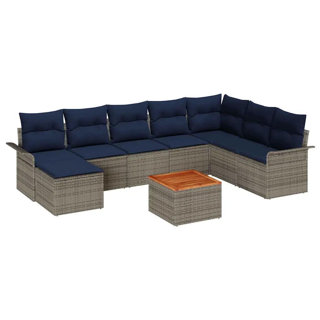 Set Divano da Giardino 9 pcs Grigio e Blu Navy polyrattan 3356036
