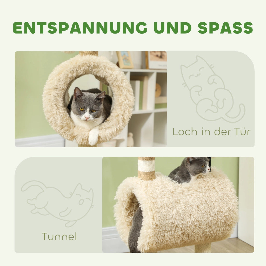 Tiragraffi per gatti con tunnel e giocattoli ¨C Minimal ¨C 98 cm, colore beige