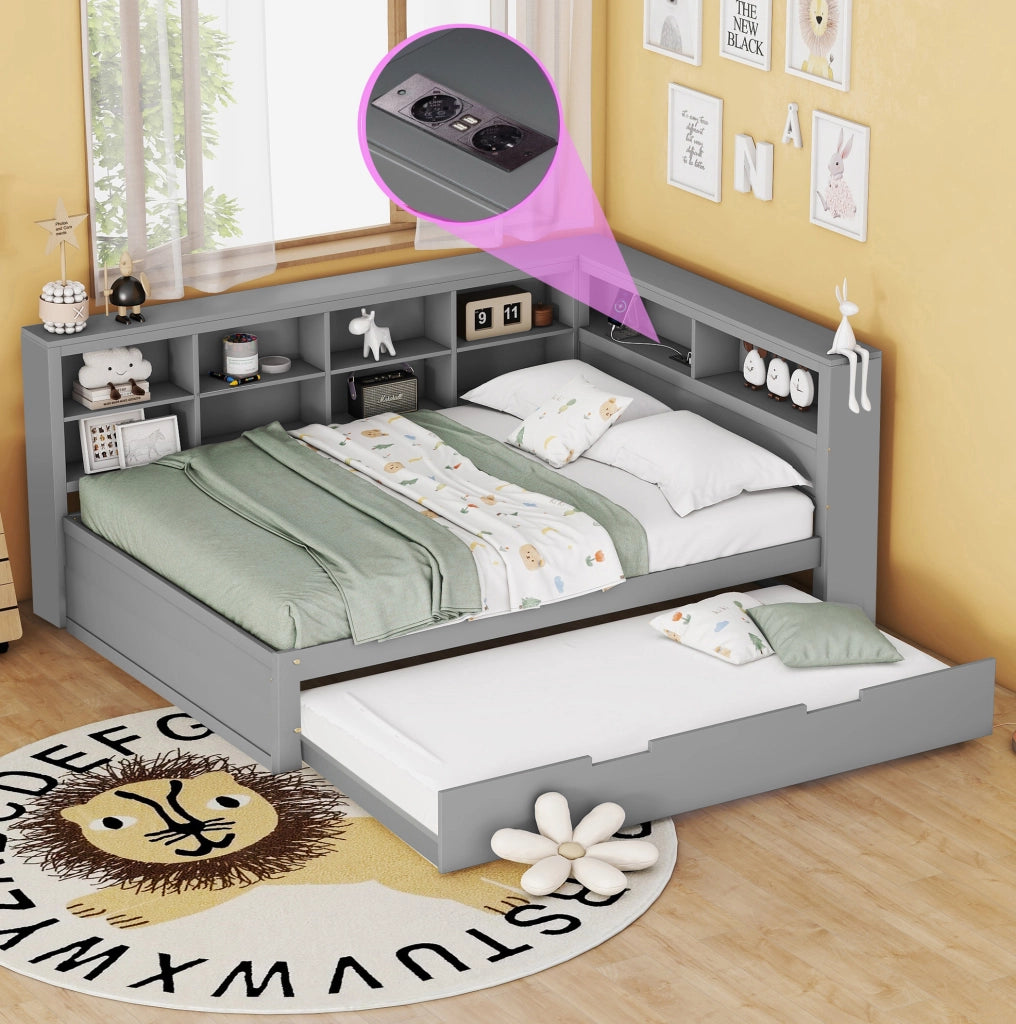 Letto 140x200 cm con USB e vani portaoggetti in legno grigio