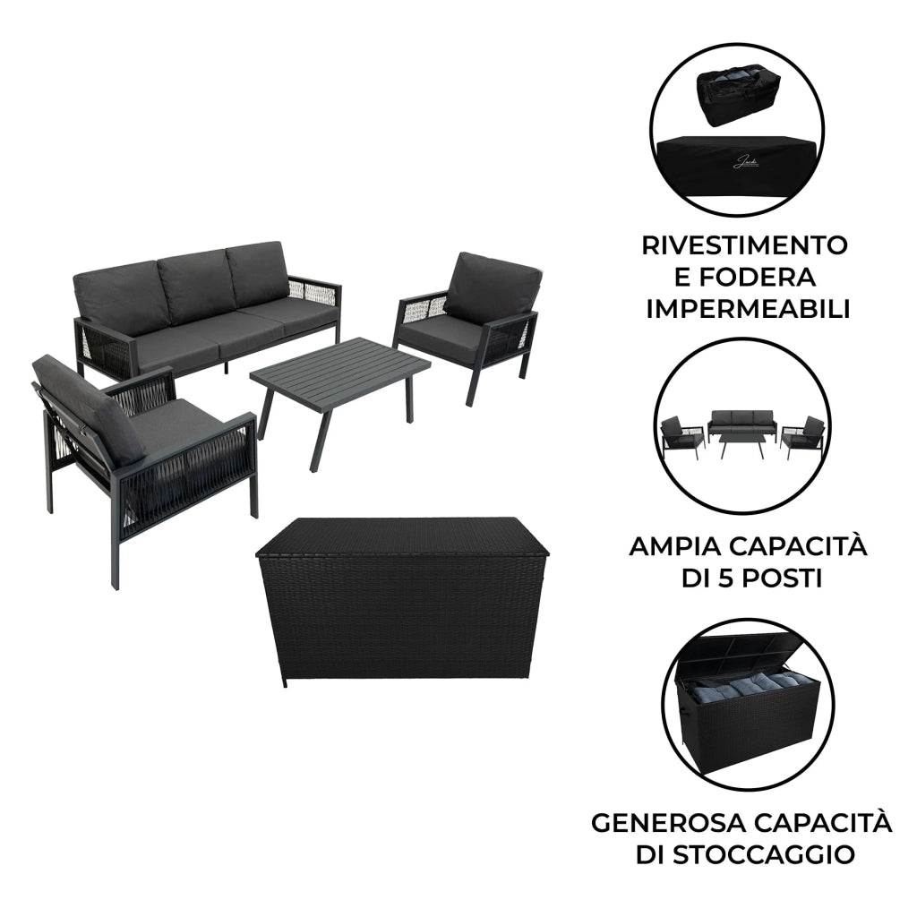 Set Mobili da Giardino 4pz Alluminio Grigio Antracite con Cassapanca Rattan Nera 582L