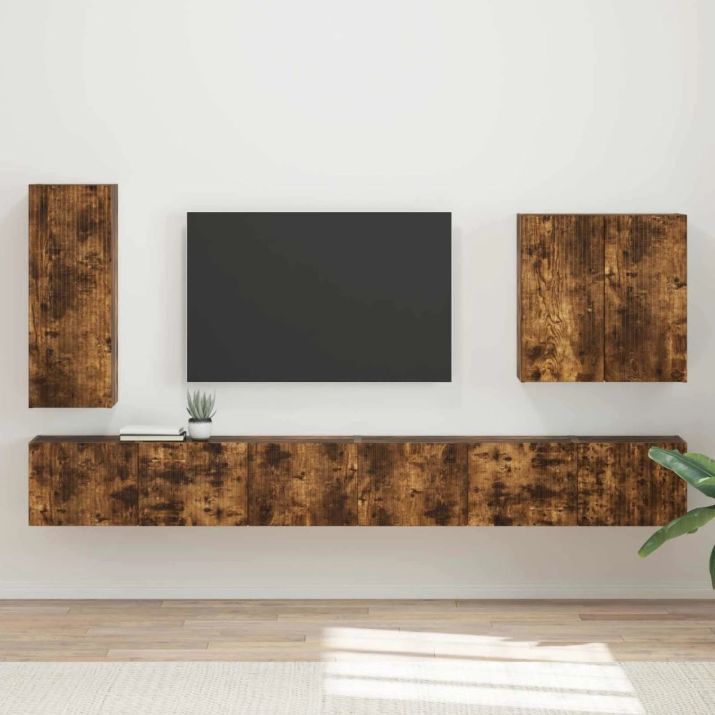 Set di Mobiletto da TV a Parete 6 pz-Credenza per TV sospesa Rovere fum¨¦