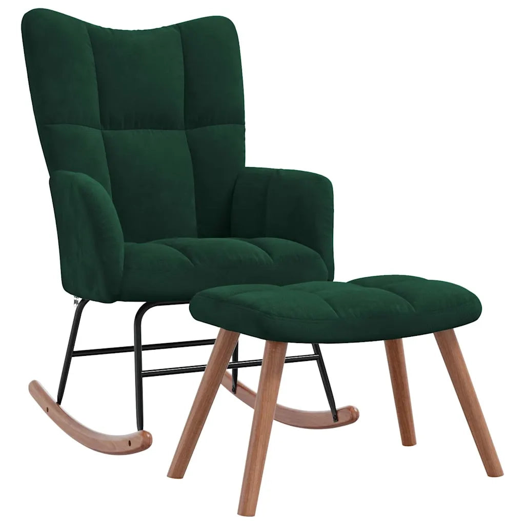 Poltrona a Dondolo con Poggiapiedi Verde Scuro in Velluto 328152