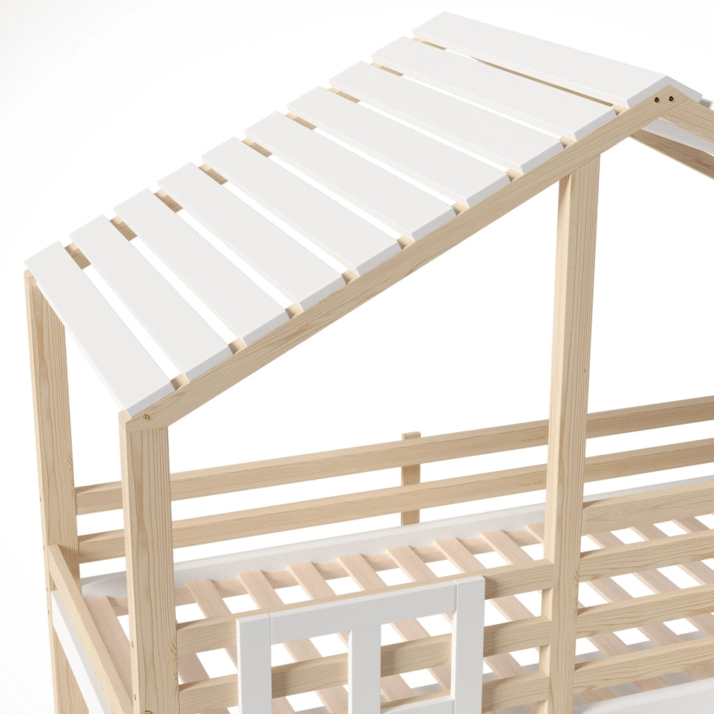 DESMIU Letto a soppalco Letto singolo 1 posto con barriera, contenitori, scala contenitore e finestra 90 × 200 cm, senza materasso