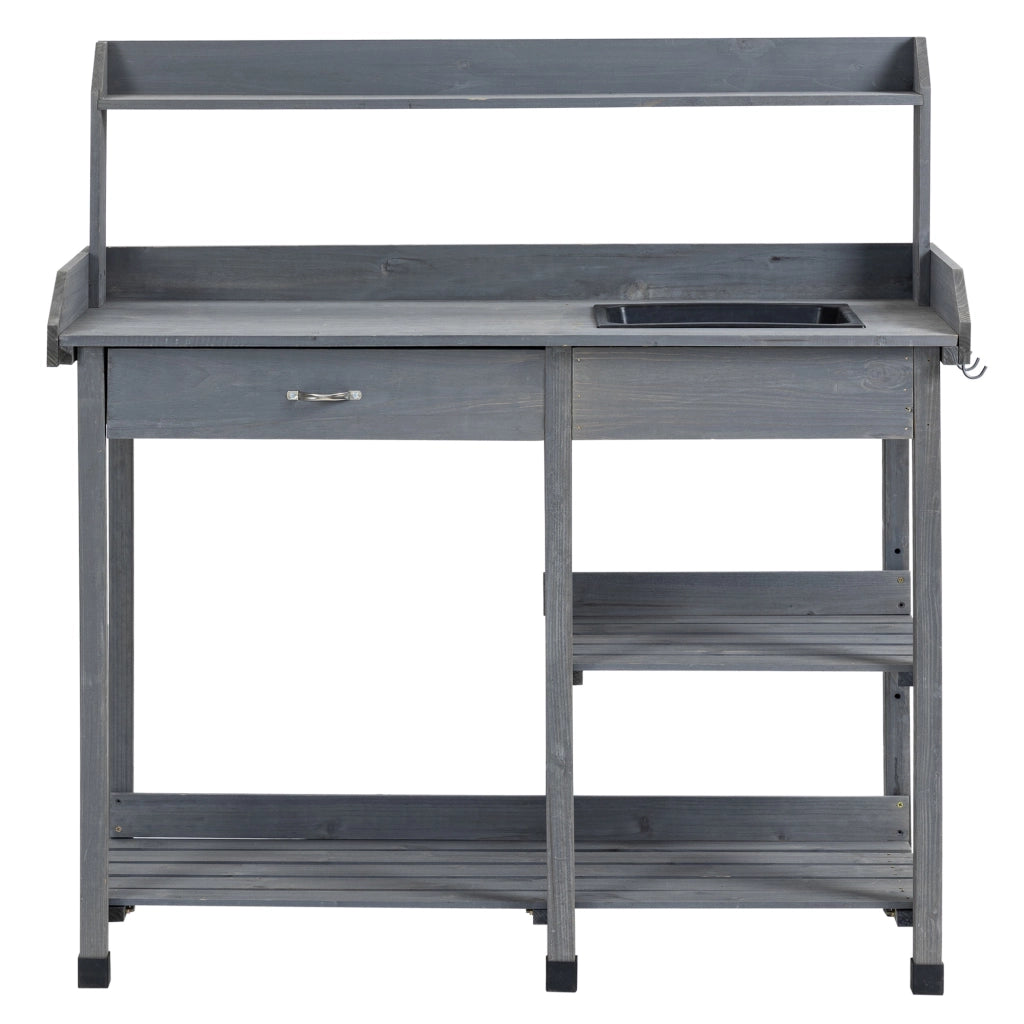 Tavolo da giardino per piante ¨C Xylo ¨C legno di pino grigio con cassetto, 3 ripiani, lavello