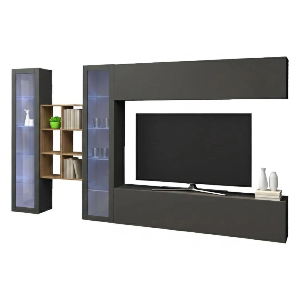 Parete attrezzata Alezio, Set salotto porta TV a 4 ante, Mobile soggiorno multiuso, 100% Made in Italy, cm 280x30h180, Antracite e Acero