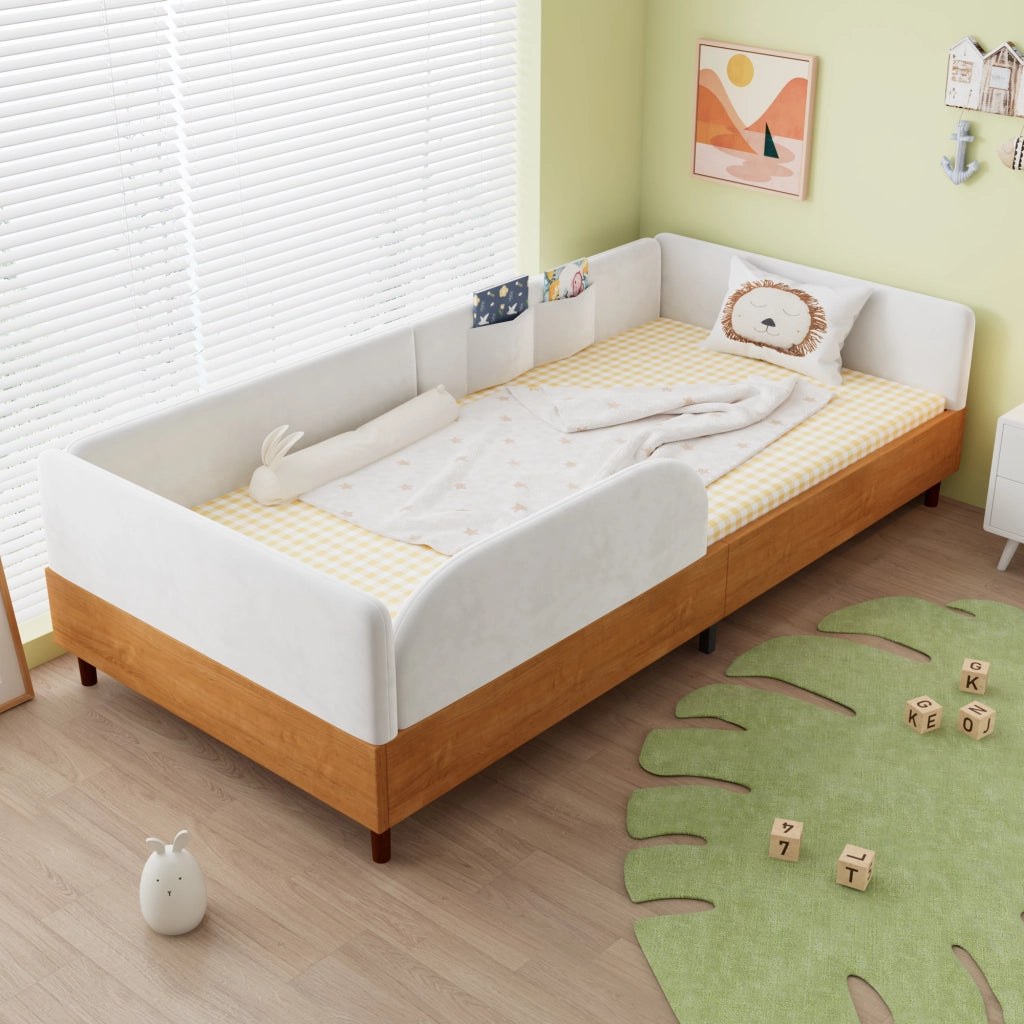 LETTO imbottito 90x200 cm in velluto bianco e legno