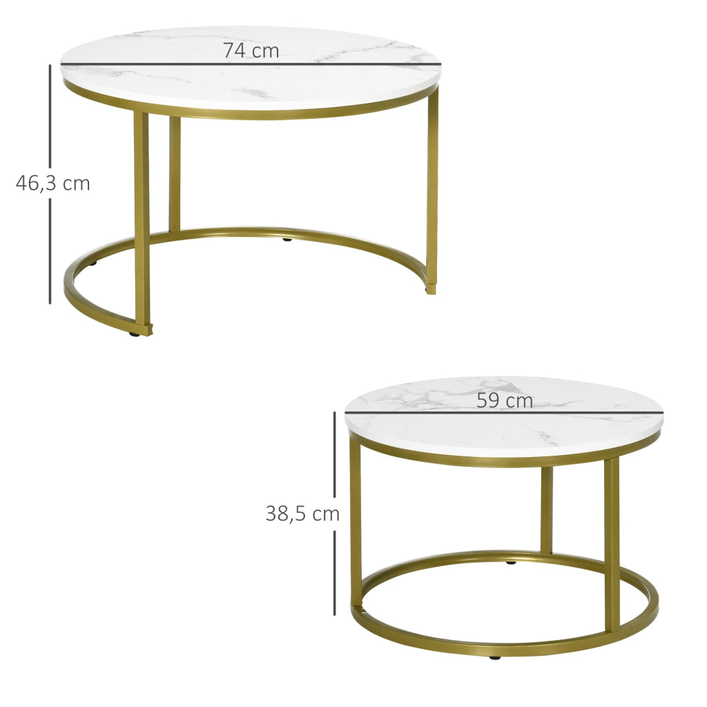Set 2 tavolini da caff¨¨ rotondi impilabili ¨C Xylo ¨C effetto marmo bianco gambe acciaio dorato ?74cm