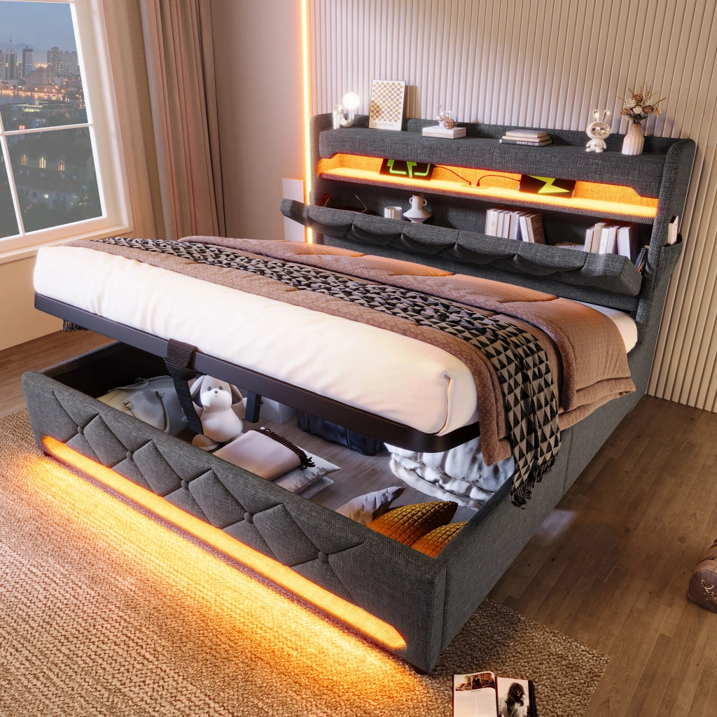 LETTO Matrimoniale 140x200 cm con LED, USB e Type-C, Grigio, Lino