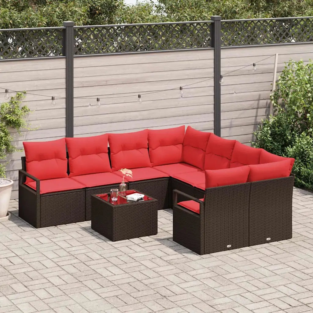 Set di divani con cuscino 9 pcs Marrone e Rosso polyrattan 3346324