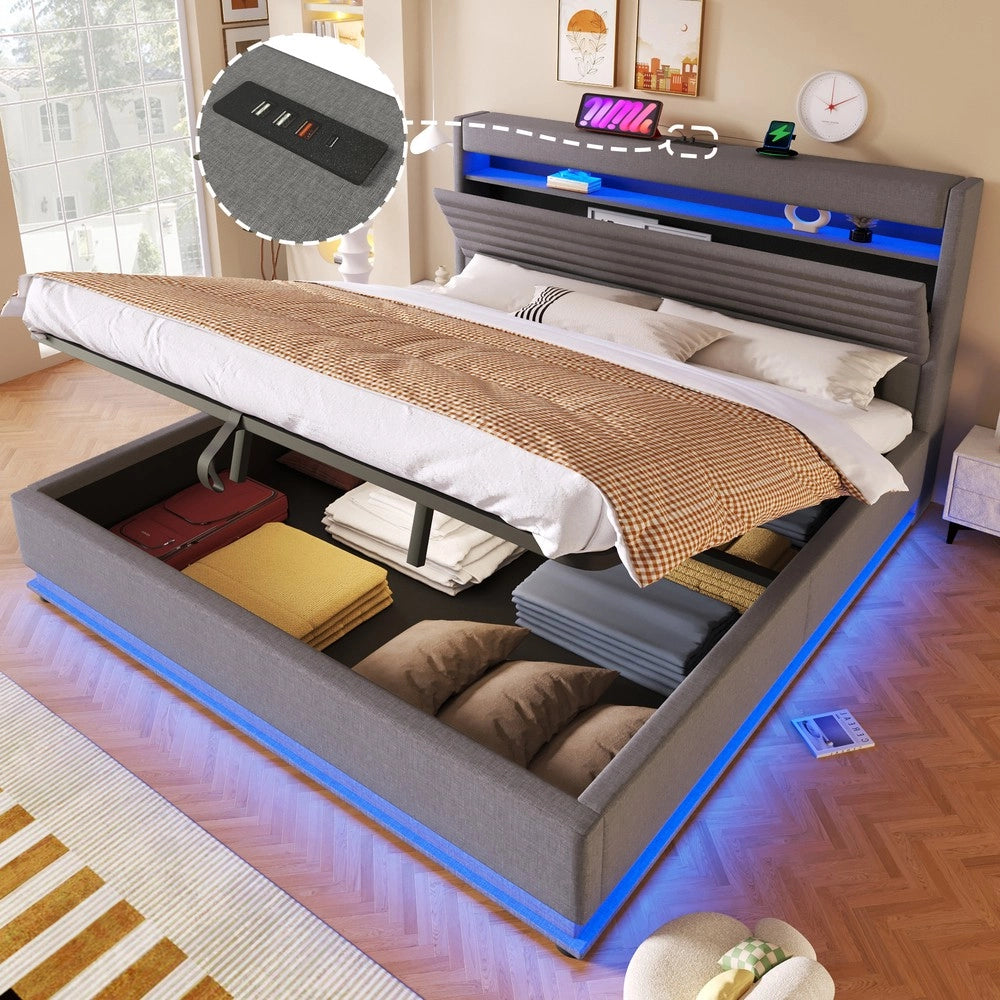 Letto Imbottito Contenitore con LED e USB ¨C MINIMAL ¨C Tessuto Grigio 180x200