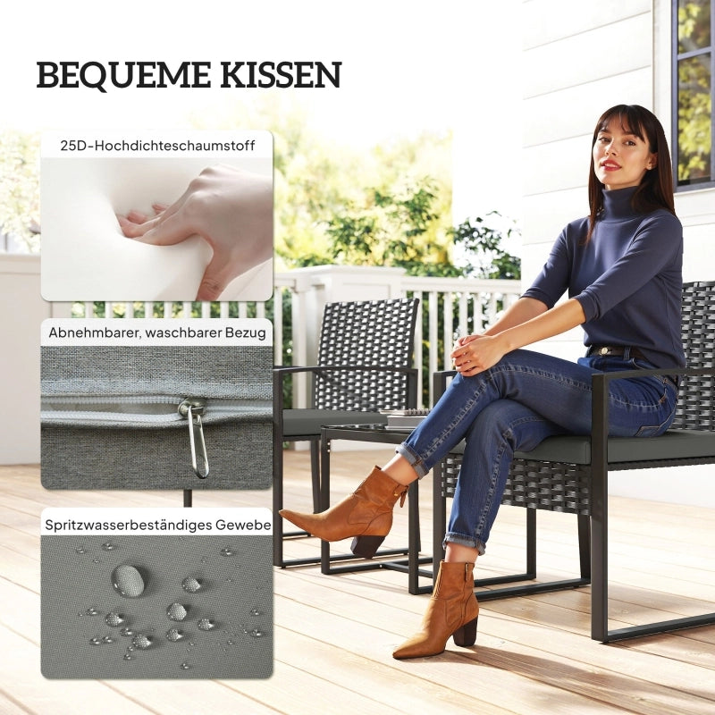 Set da bistrot in rattan, set di mobili da giardino composto da 3 pezzi con 2 sedie da giardino, tavolino, cuscini sfoderabili, grigio scuro