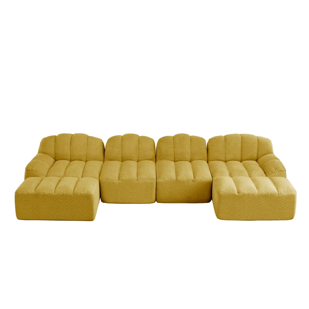 Divano modulare angolare 4 posti con chaise longue e pouf; in fleece granulare giallo
