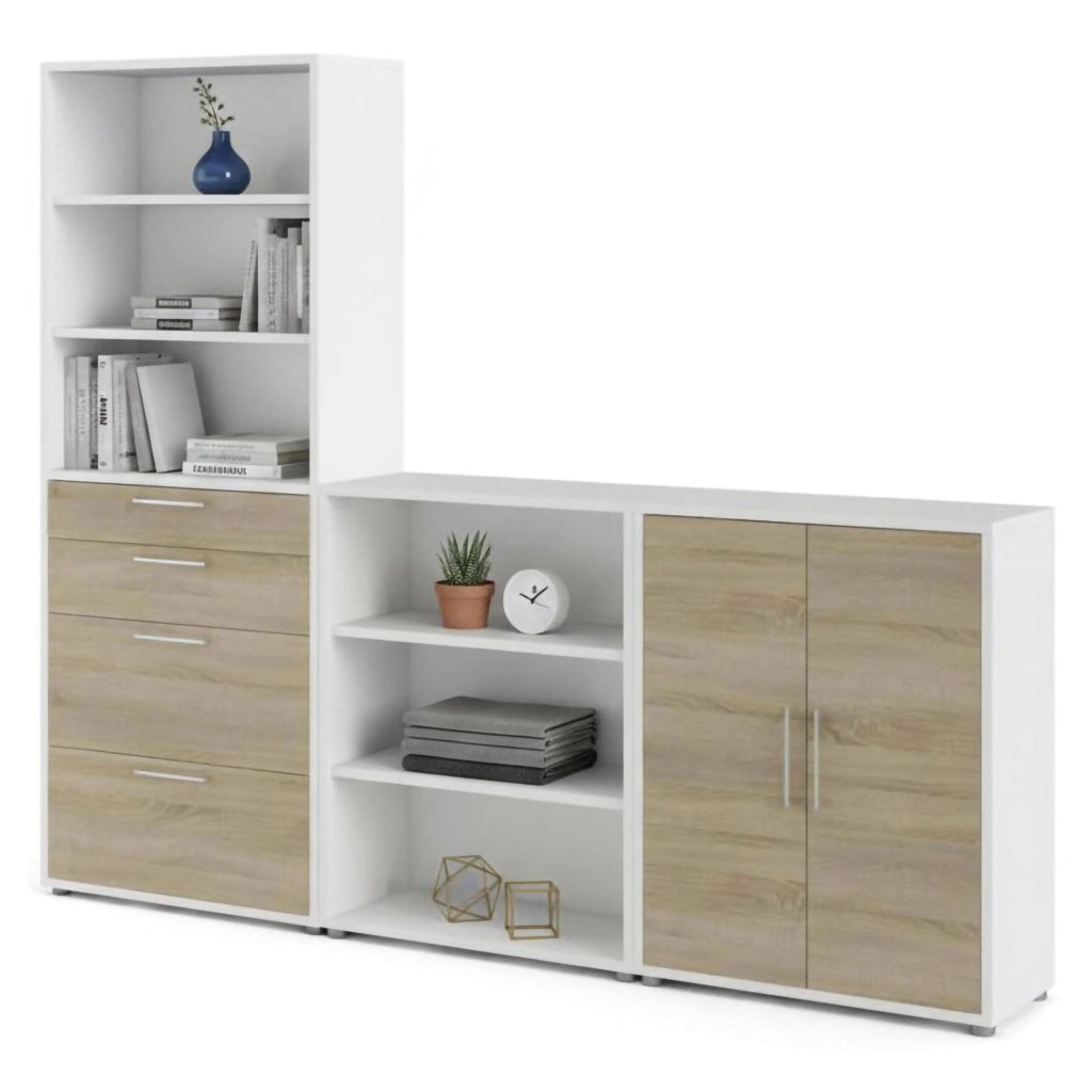 Credenza Acceglio, Buffet da soggiorno, Madia da salotto, Dispensa da cucina, 267x40 h222 cm, Bianco e Quercia