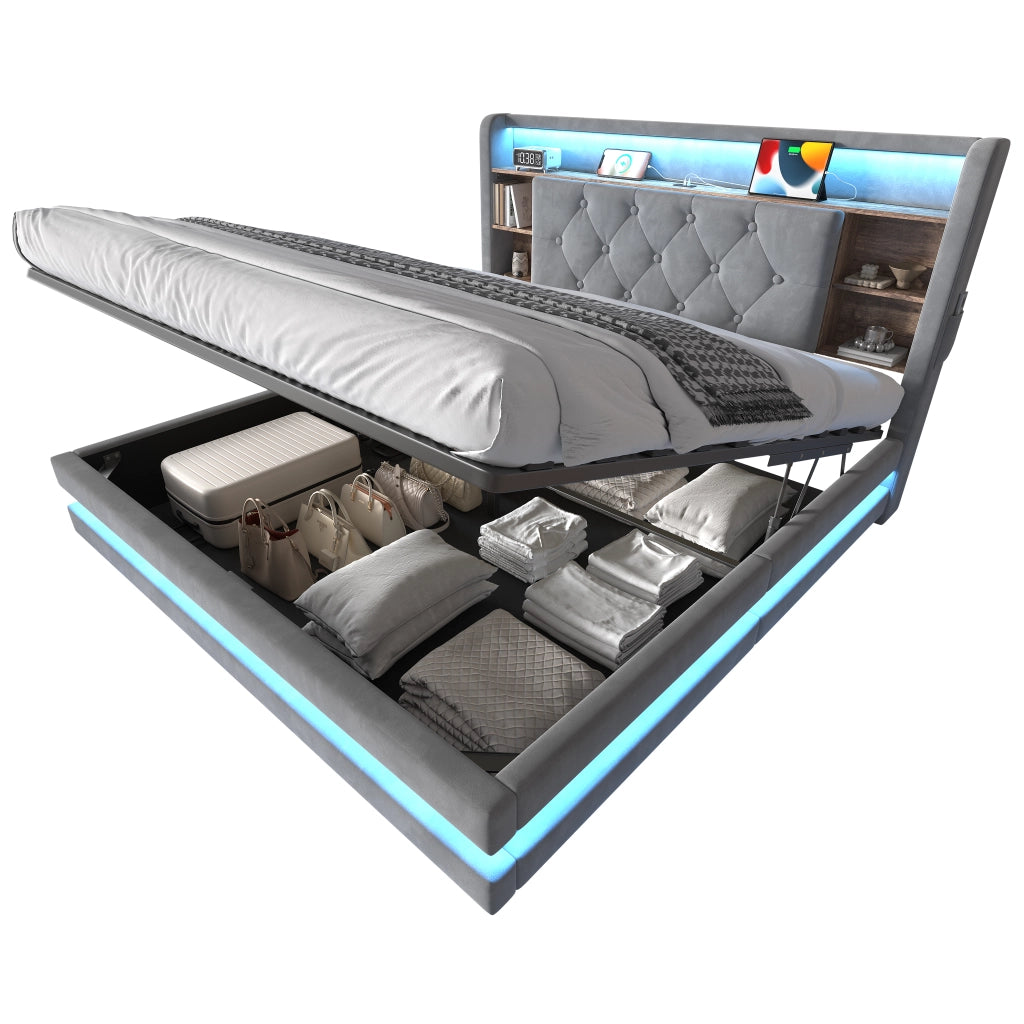 Letto Contenitore 140x200 cm; Letto Matrimoniale con LED; USB; Type-C e Ripiani