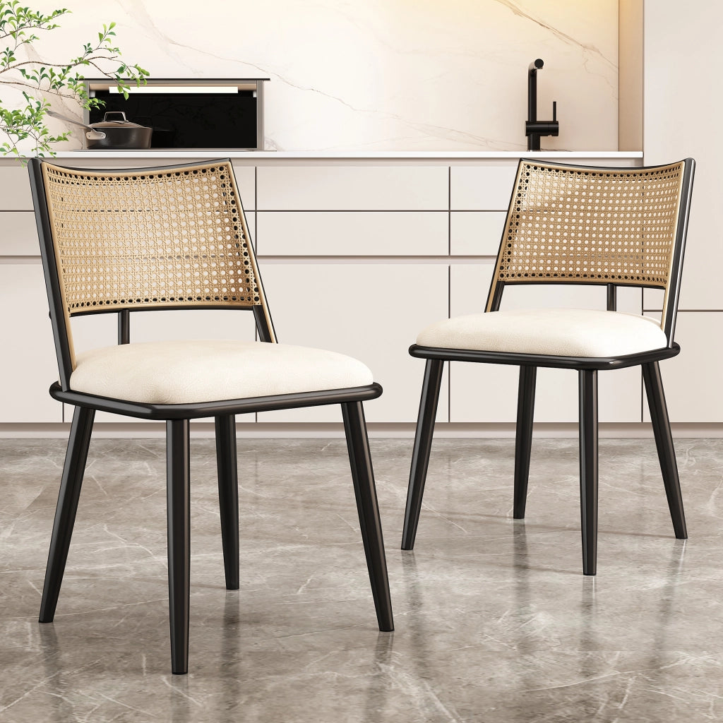 Sedia da pranzo 4 pezzi con seduta in PU, schienale in rattan, struttura in metallo, Nero