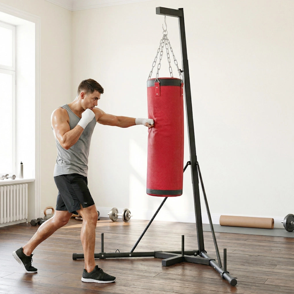 Sacco da Boxe con Supporto Regolabile ¨C Minimal ¨C Acciaio e Tela, 175x91x185-231 cm, Rosso