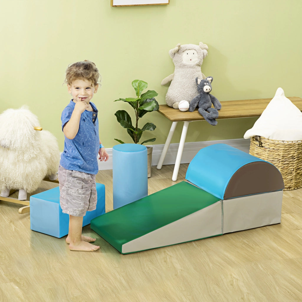 Set Costruzioni Morbide per Bimbi 1-3 Anni con 5 Blocchi Colorati, Set da Gioco Blocchi Morbidi per bambini in Finta Pelle e Schiuma, Marrone, Cachi, Blu, Verde e Celeste