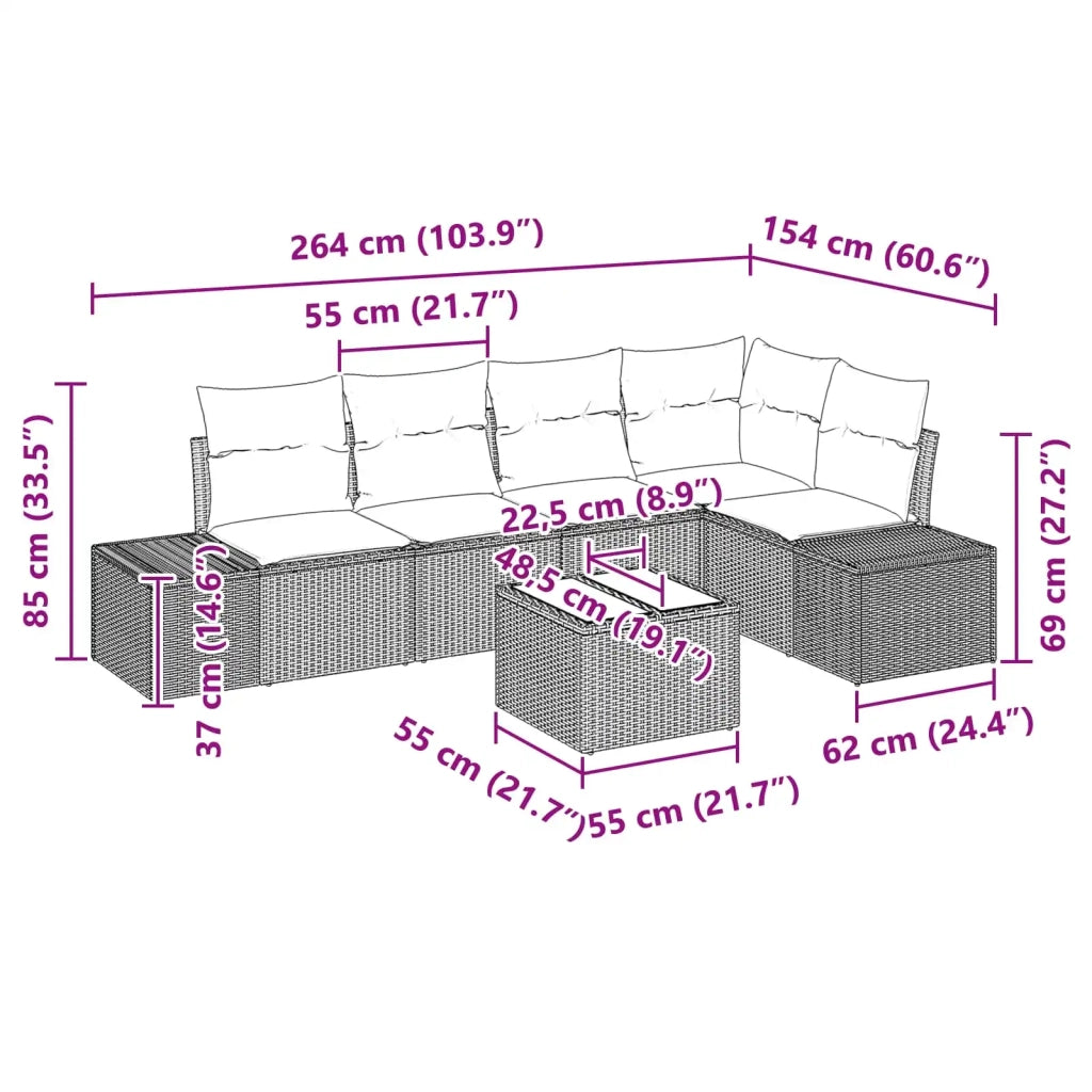 Set Divano da Giardino con cuscino 6 pcs Marrone polyrattan 3347074