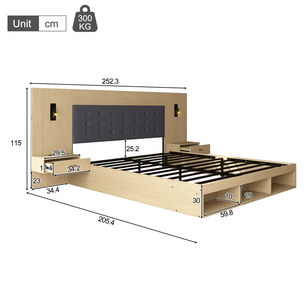 LETTO matrimoniale 180x200 cm con 2 comodini, USB e Type-C, rovere chiaro