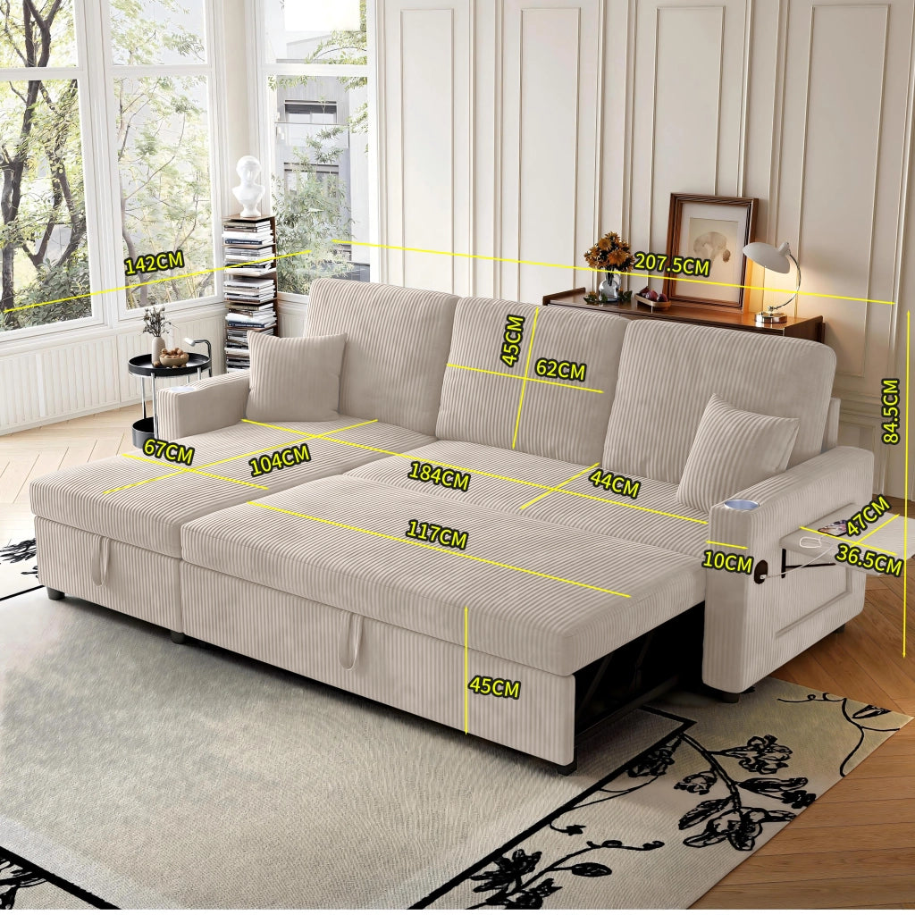 Divano angolare convertibile modulare con funzione letto; contenitore; USB e portabicchieri in velluto a coste beige