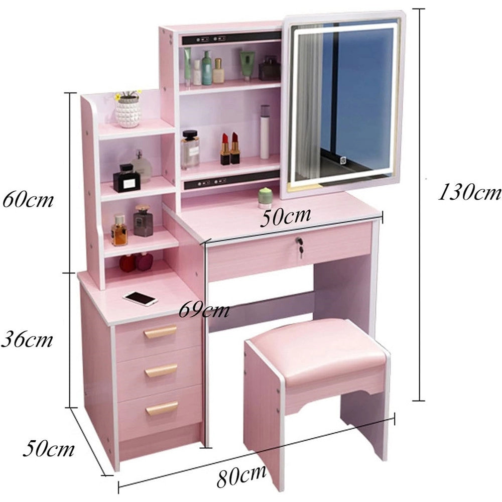 Trade Shop - Set Tavolo Da Toeletta Per Trucco Cosmetici Con Specchio Led Morbido Sgabello Cassetti - Rosa