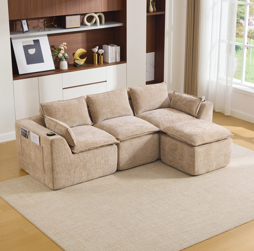 Divano modulare 3 posti con pouf; cuscini e tasche laterali; in ciniglia kaki; 256x161x75 cm
