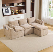 Divano modulare 3 posti con pouf; cuscini e tasche laterali; in ciniglia kaki; 256x161x75 cm