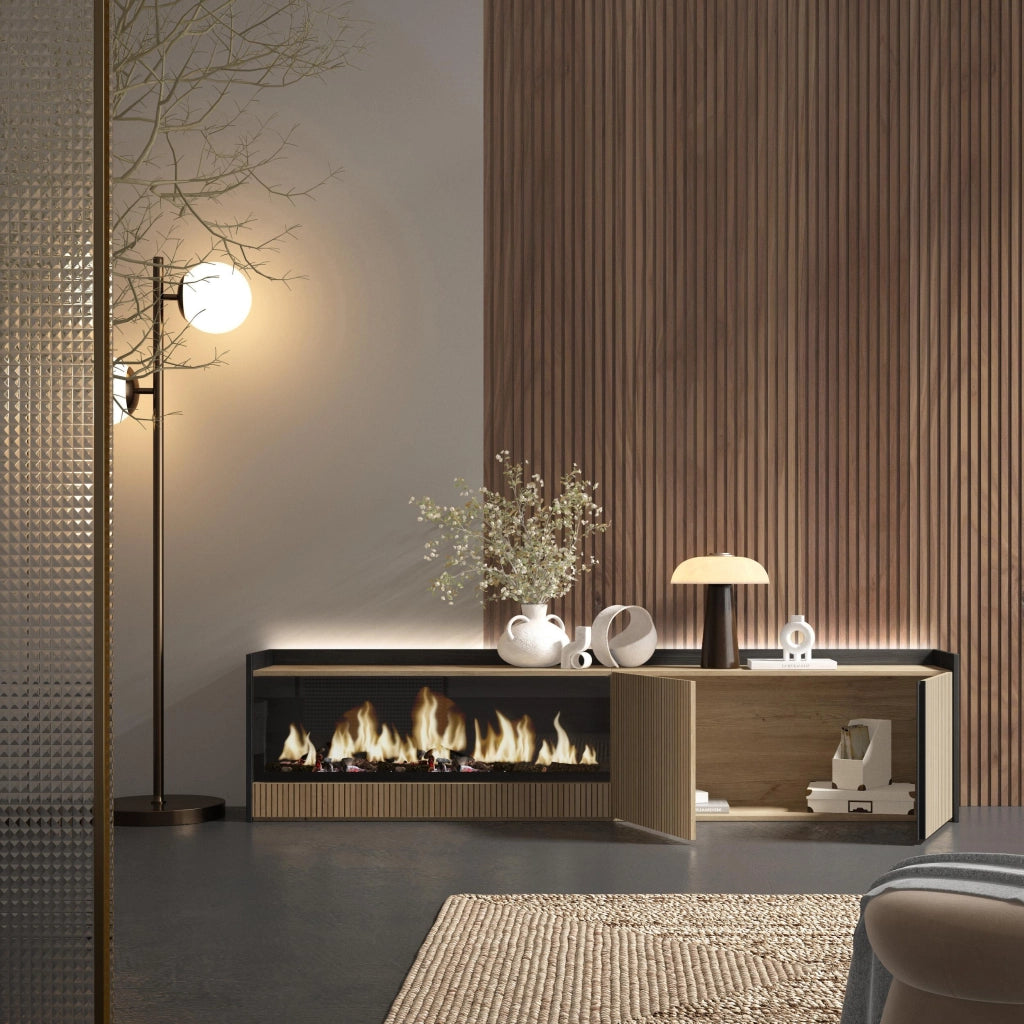 Mobile TV Soggiorno, 212x50x35 cm, Per TV fino a 80", Camino elettrico XXL, Led, Rovere e nero