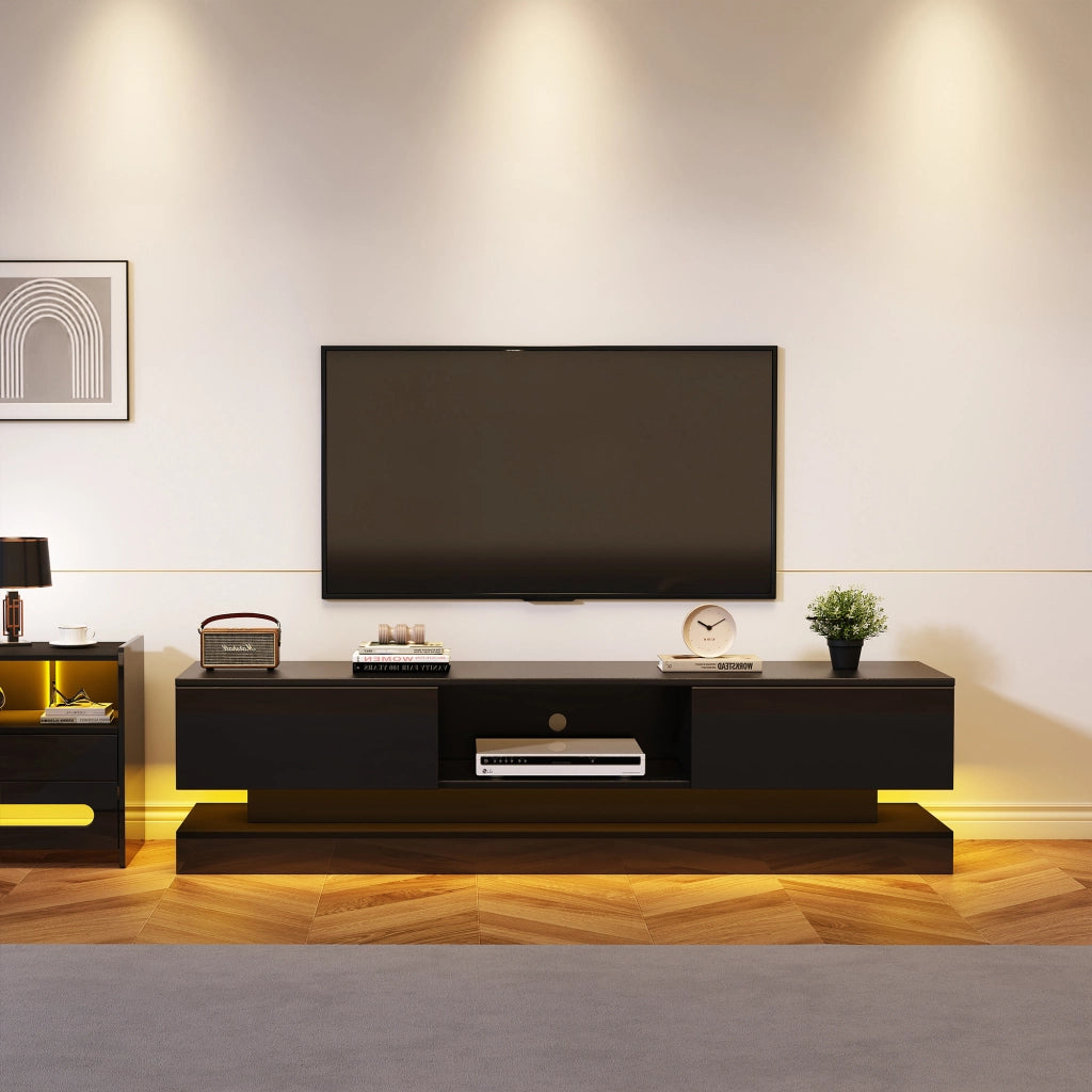 Mobile porta TV nero lucido con LED da app, 2 cassetti, passacavi e design anti-ribaltamento 160 × 35 × 40,5 cm