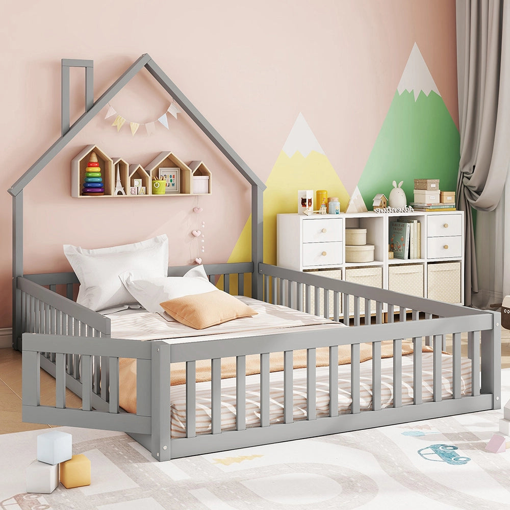 Letto bambino-Xylo-140x190 cm-forma camino, doghe, pino, grigio