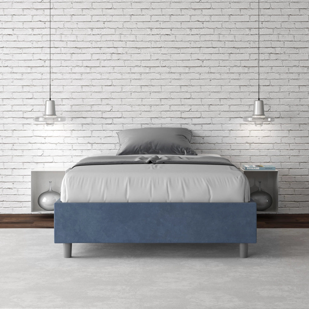 BS COM Letto una piazza e mezza con rete imbottito 120x210 microfibra blu