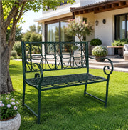 Panchina da Giardino 2/3 Posti in Metallo Verniciato Verde con Schienale Decorato