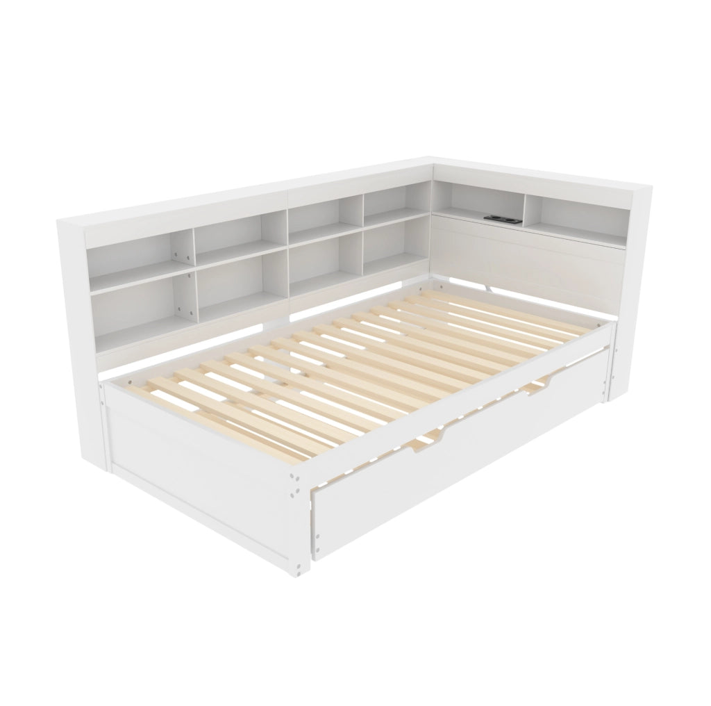 Letto singolo 90x200 cm con letto estraibile; USB e vani portaoggetti in legno