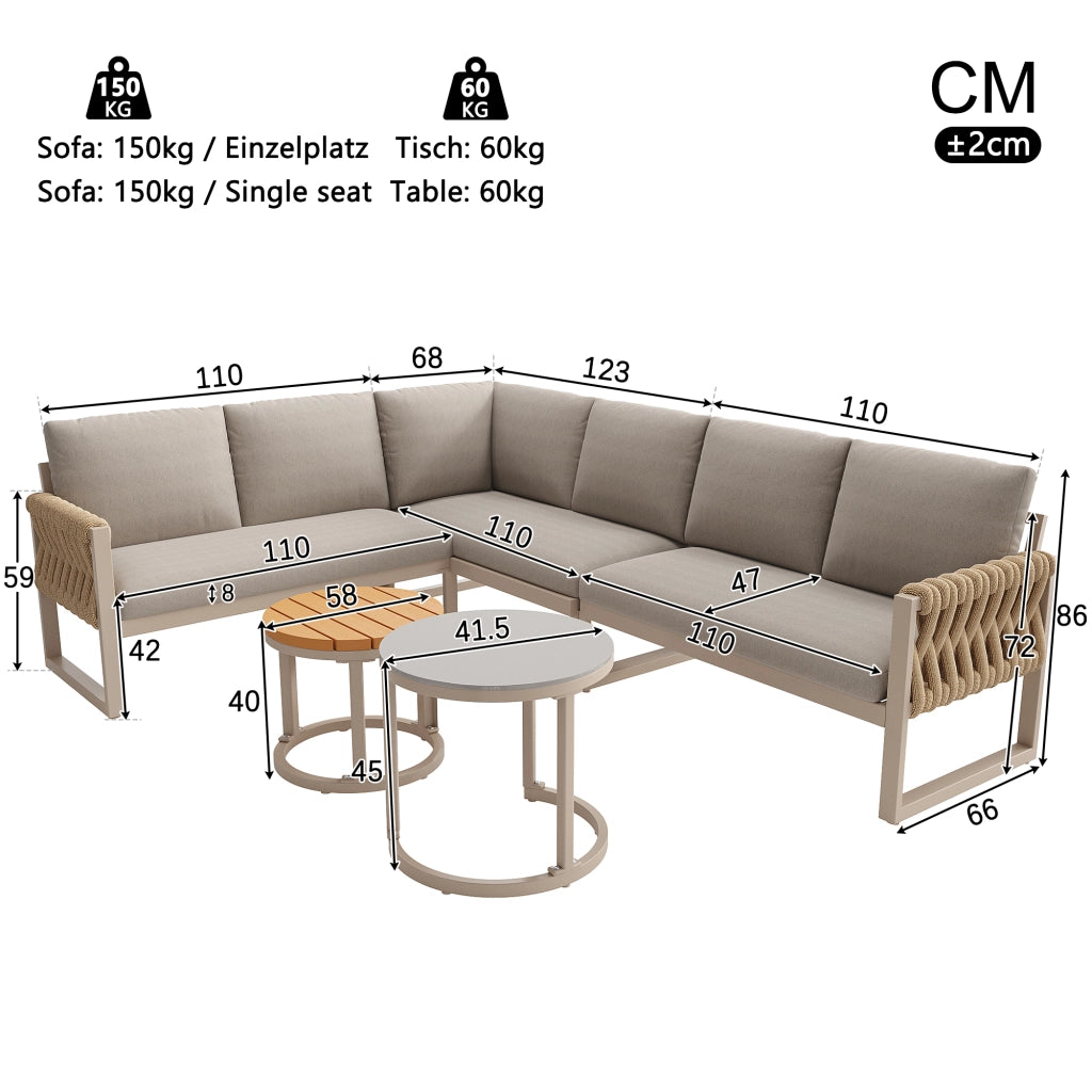 Set da giardino modulare - Zephmum- Per 5-6 persone, cuscini rimovibili, gambe regolabili, grigio
