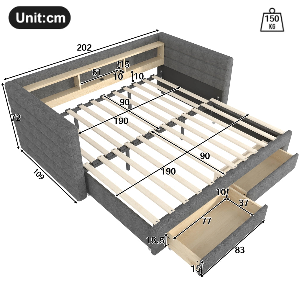 LETTO estraibile 90x190 cm in velluto grigio con LED, 2 cassetti e USB/Type-C