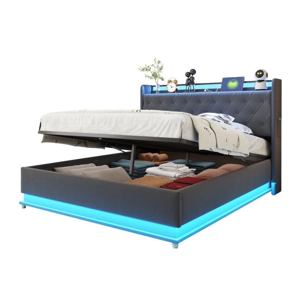 Letto imbottito 140x200 cm con LED, USB e vano contenitore idraulico
