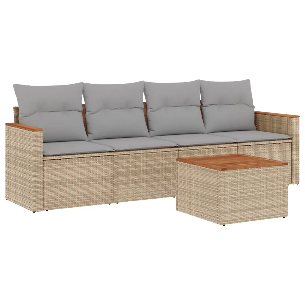 Set Divano da Giardino 5 pz con Cuscini Beige Misto Polyrattan