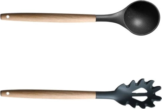 Set di spatola per pasta in silicone, manico in legno, spaghetti, utensili da cucina, adatto per alimenti, spatola per pasta, cucchiaio di legno per cucina resistente al calore, grigio