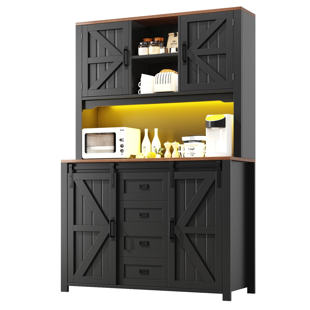 Mobile Cucina Alto con Ante Scorrevoli e LED ¨C MINIMAL ¨C Nero/Bianco, 115x40x174,7 cm